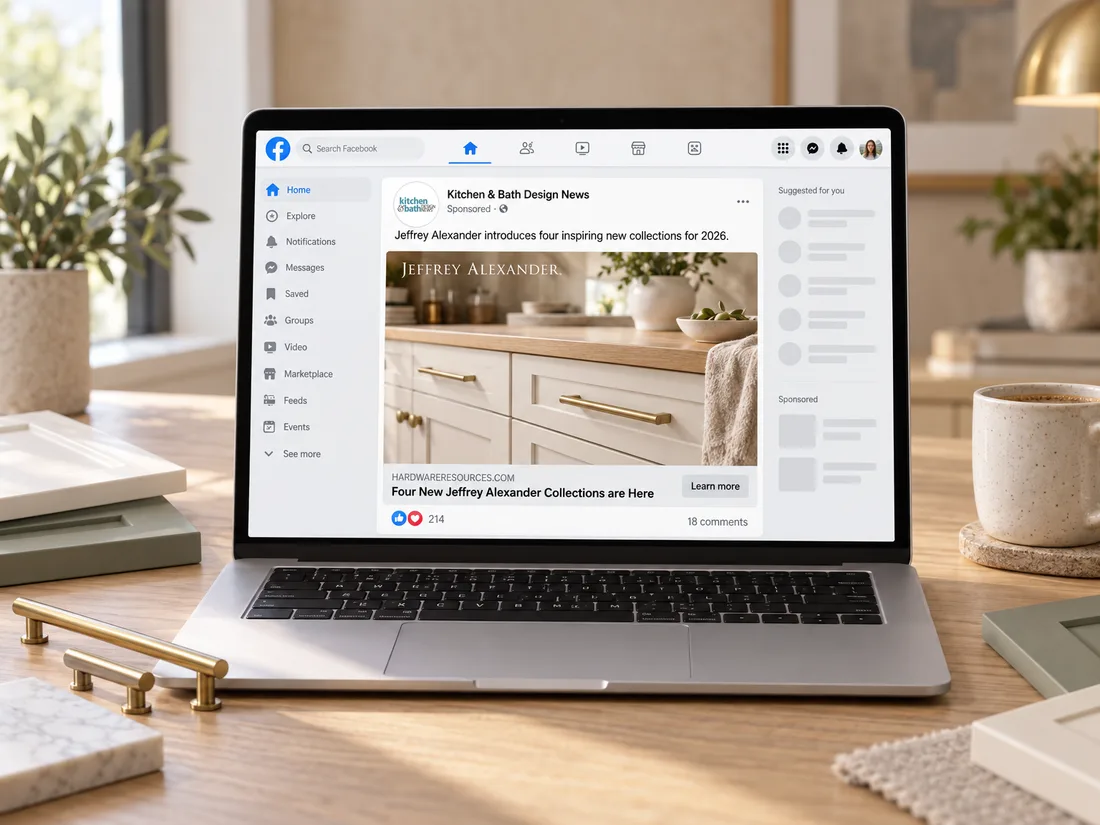 A sponsored Facebook post from Kitchen & Bath Design News for a cabinet hardware advertiser, on a laptop